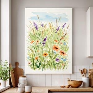 Watercolor Wildflower Field Canvas Wall Art Framed, Botanical Pastel Floral Print, Cottagecore Nature Decor, Gift for Her or Garden Lover