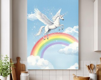 Fliegendes Einhorn Leinwand Kunst: Regenbogen Kinderzimmer Deko, Magischer Pegasus Druck