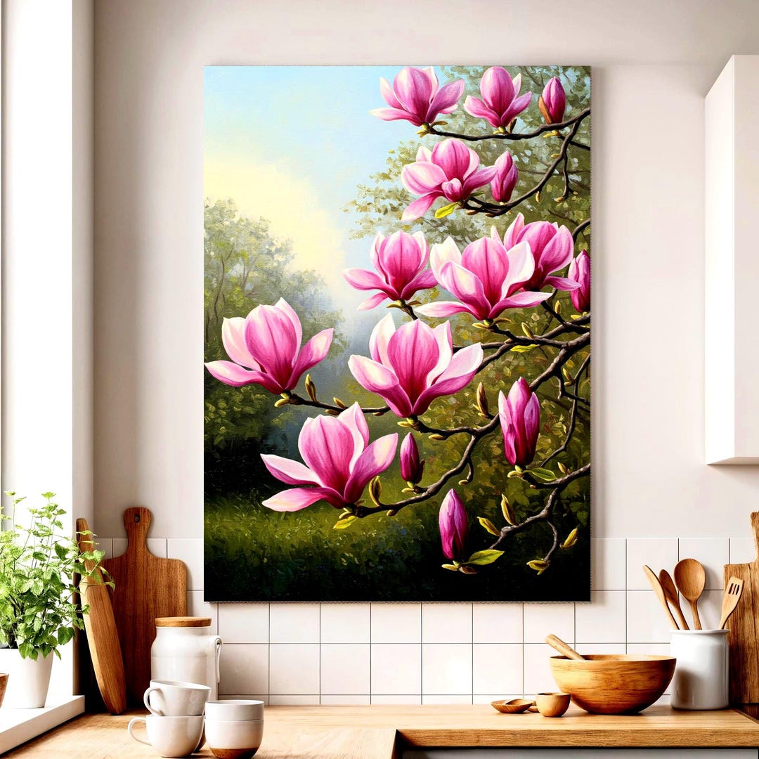 Pink Magnolia Blossom Canvas Wall Art – Botanical Flower Painting for ...