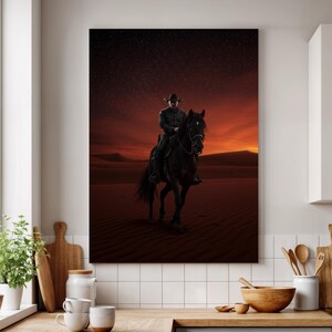 Framed Cowboy in Desert Canvas Art, Western Night Sky Print, Horseback Rider Wall Art, Unique Gift for Cowboy and Western Art Lovers