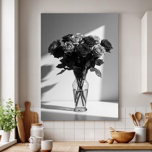 Framed Black and White Rose Bouquet Canvas Wall Art, Monochrome Flower Design, Elegant Decor for Living Room & Office, Gift for Art Lovers