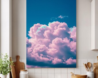 Lienzo con nubes rosas enmarcadas, cielo pastel de ensueño, decoración moderna para el hogar.