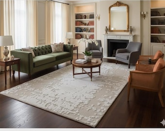 Hand-Tufted New Zealand Wool Carpet, Beige High-Low Pile luxury rug living room home decor