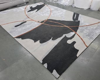 Tappeto astratto in lana e seta fatto a mano, tappeto geometrico bianco e nero, arredamento di lusso per il soggiorno.