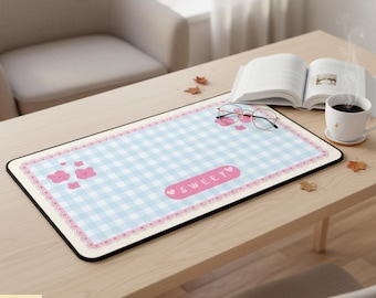 Gingham Desk Mat | Kawaii Scalloped Border, Pastel Office Decor