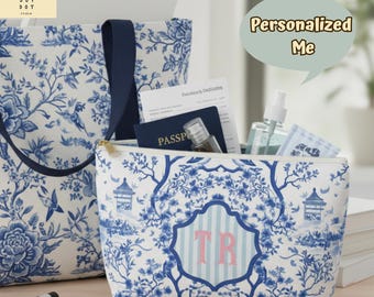 Personalized Chinoiserie Travel Bag, Custom Monogram Cosmetic Pouch, Blue Floral Makeup Bag, Toiletry Organizer, Bridesmaid Gift for Her