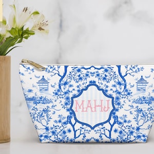 Chinoiserie MAHJ Accessory Pouch: Blue Floral Mahjong Organizer Bag
