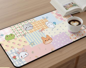 Kawaii Pastel Patchwork Desk Mat | Animal Print Mouse Pad