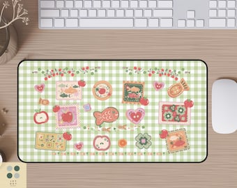 Kawaii Gingham Desk Mat: Cottagecore Food Mouse Pad, Juminocore, Heisei Retro