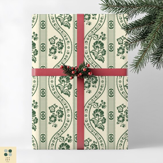 Vintage-Style Green Floral Wrapping Paper, Elegant Gift Wrap