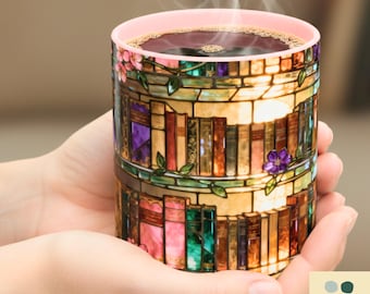 Stained Glass Bookshelf Mug – Vintage Library Coffee Cup, Book Lover Gift