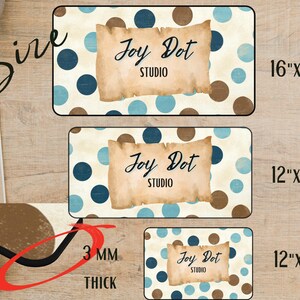 May include: Three rectangular signs with the text "Joy Dot Studio" on a parchment-style background. The signs are decorated with blue and brown polka dots. The sizes are 16"x32", 12"x22", and 12"x18". The signs are 3 mm thick.