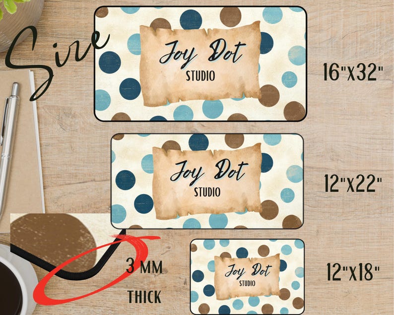 May include: Three rectangular signs with the text "Joy Dot Studio" on a parchment-style background. The signs are decorated with blue and brown polka dots. The sizes are 16"x32", 12"x22", and 12"x18". The signs are 3 mm thick.