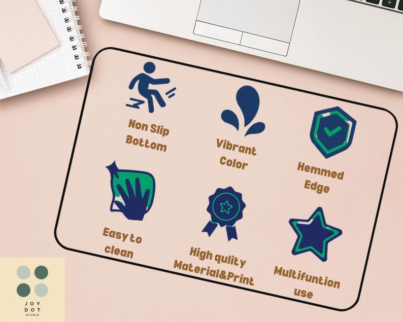 May include: A rectangular beige mousepad with black trim, featuring icons and text in navy blue and brown. The icons represent features like a non-slip bottom, vibrant color, and easy cleaning. Text includes "Non Slip Bottom" and "Multifuntion use".