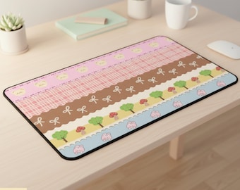 Tappetino da scrivania kawaii / Strisce pastello, motivo orso e coniglio