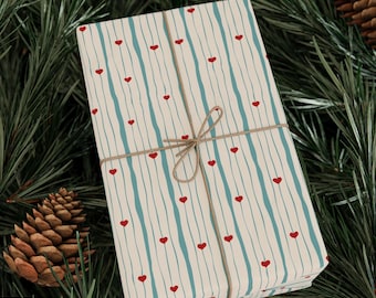 Heart Pattern Wrapping Paper – Cute Striped Gift Wrap with Red Hearts, Minimal Aesthetic Gift Paper