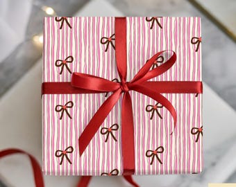 Pink Bow Wrapping Paper – Cute Striped Gift Wrap with Bows, Aesthetic Gift Paper for Birthdays, Valentine & Special Occasions