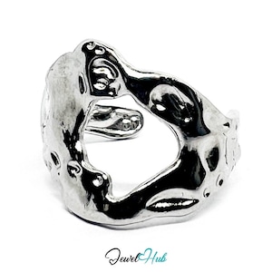 Stainless Steel Silver Molten Silver Ring – Abstract Sculptural Form