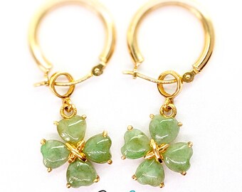14K Gold Jade Hoop Earrings - Four Heart Clover Charm
