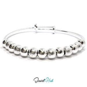 925 Sterling Silver Beaded Bangle - Polished & Textured Spheres
