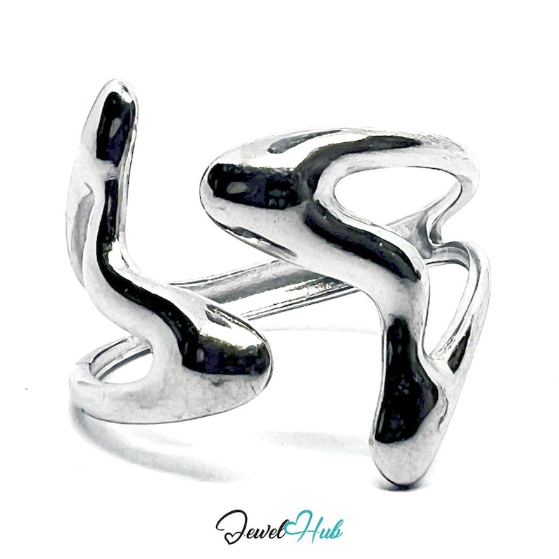 Stainless Steel Silver Wave Ring – Abstract Sculptural Open Design ...