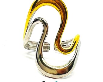 DuoTone Fluid WaveStack Ring – Polished Silver & Brushed Gold Stainless Steel (Adjustable Fit)