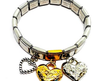 Heart Charm Bracelet Set – Embossed Floral & Beaded Trio (Gold and Silver)