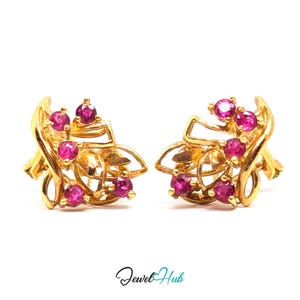 14K Gold Ruby Cluster Earrings - 10 Rubies 1.35ct