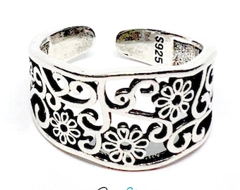 925 Sterling Silver Floral Swirl Ring - Adjustable O-Q - Textured