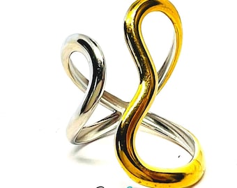 DuoTone DuoSwirl Band Ring – Polished Silver & Brushed Gold Stainless Steel (Adjustable MNO)