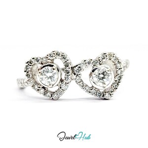 18K White Gold Interlocking Double Heart Natural Diamond Ring - UK M US 6.5