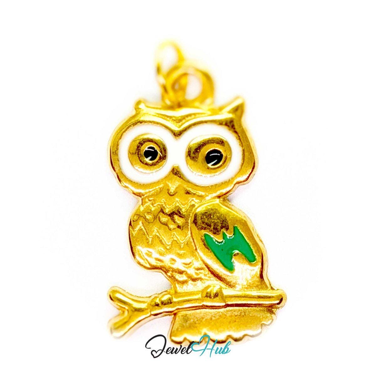 Enamel Owl Charm - Gold Stainless Steel Green and White - 14x23mm