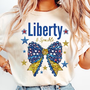 Liberty & Sparkle PNG, Design de Laço Patriótico com Strass – Camisa Glitter Sublimada para o 4 de Julho, Clipart de Estrelas Vermelhas, Brancas e Azuis Fofas para Download