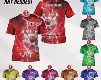 May include: Bowling-themed t-shirts in various colors, featuring a bowling pin and ball design with lightning effects. The shirts are available in red, teal, gray, green, yellow, purple, pink, orange, and blue. Text on the shirts includes "CUSTOM ANY REQUEST" and "TEAM NAME".