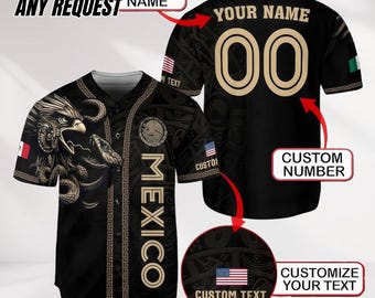May include: Black baseball jersey with a detailed eagle and snake design. The jersey features the word "MEXICO" in gold lettering, along with the option to customize the name and number. Includes the text "CUSTOM ANY REQUEST".