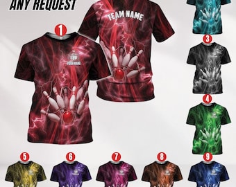 May include: A collection of bowling-themed t-shirts in various colors, each featuring a bowling pin and ball design. The shirts have a lightning bolt background and the text "CUSTOM ANY REQUEST" and "TEAM NAME".