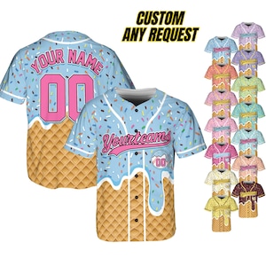 May include: Light blue baseball jersey with a waffle cone design, sprinkles, and the text "Your Name" and "Yourteams". The jersey has a button-up front and a variety of color options.