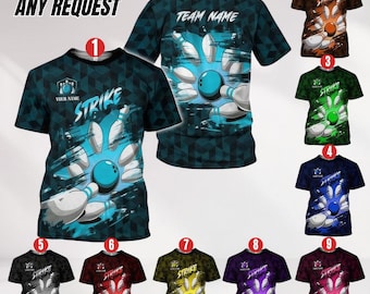 May include: A collection of bowling-themed t-shirts. The shirts feature a design of a bowling ball and pins with the word "STRIKE". The shirts are available in various colors, including black, brown, green, blue, yellow, purple, and maroon. The text "CUSTOM ANY REQUEST" is at the top.