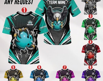 May include: Bowling shirts in various colors, featuring a claw design gripping a bowling ball. The shirts have a customizable area for a team name. The text "CUSTOM ANY REQUEST" is visible.