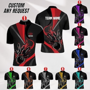 May include: Black bowling shirts with various color schemes, featuring a bowling pin and ball graphic. The shirts have a zip-up collar and the text "CUSTOM ANY REQUEST" is visible. The shirts are available in multiple colors.