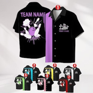 May include: Black bowling shirt with a purple stripe down the front and a bowling pin and ball graphic. The shirt has the text "YOUR NAME" on the front and "TEAM NAME" on the back. Several color variations are shown.