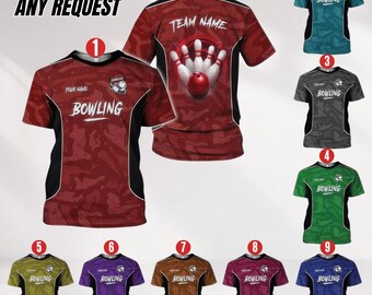 May include: A collection of bowling jerseys in various colors, including red, green, and blue. Each jersey features the word "BOWLING" and a bowling ball and pins graphic. The jerseys are customizable with "YOUR NAME" and "TEAM NAME". The text "CUSTOM ANY REQUEST" is also visible.