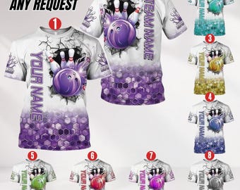 May include: White bowling t-shirts with a purple bowling ball and pins design. The shirts feature the text "YOUR NAME" and "TEAM NAME". The design includes a cracked wall effect and a honeycomb pattern.
