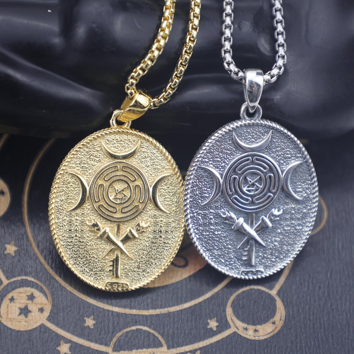 Hecate Triple Moon Goddess Necklace – 925 Sterling Silver Wiccan Amulet ...