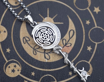 Hecate Key Pendant: Sterling Silver Triple Moon Goddess Necklace with Crystal