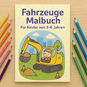 子供向けの乗り物の塗り絵、印刷できる19ページの塗り絵、PDFデジタルダウンロード、警察、掘削機、トラクターなど
