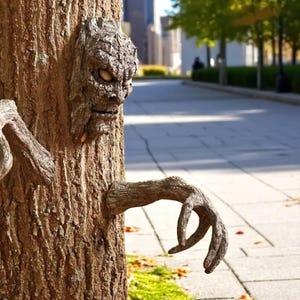 May include: A tree trunk with a carved face and arm, creating a whimsical, artistic display. The face has a stern expression, and the arm extends outward, giving the impression of a creature emerging from the tree.