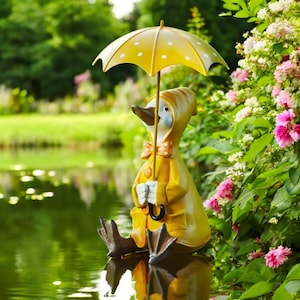 Estatua de pato con paraguas/Preciosa figura de pato impermeable para jardín y escritorio/Divertida miniatura de animal para decoración del hogar/Decoración de jardín caprichosa