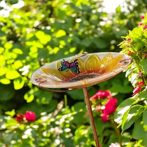 Sunflower Bird Bath Bowl with Butterfly Design | Outdoor Bird Feeder on Metal Stake | Garden Lawn Patio Yard Decor