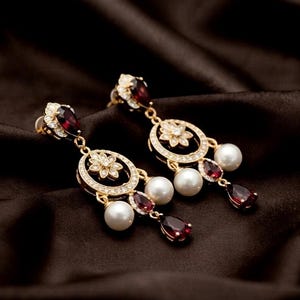 Ruby chandelier earrings featuring 14K Gold Plated Silver for chic wedding or everyday wear.